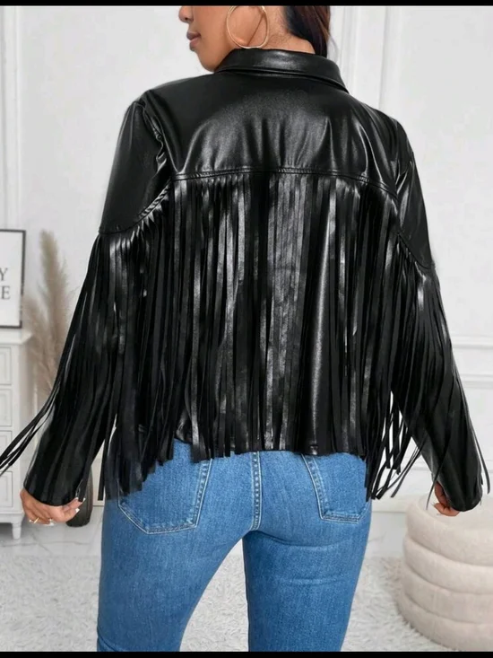 Black Fringe Faux Leather Jacket - Women - Picture 2 of 5